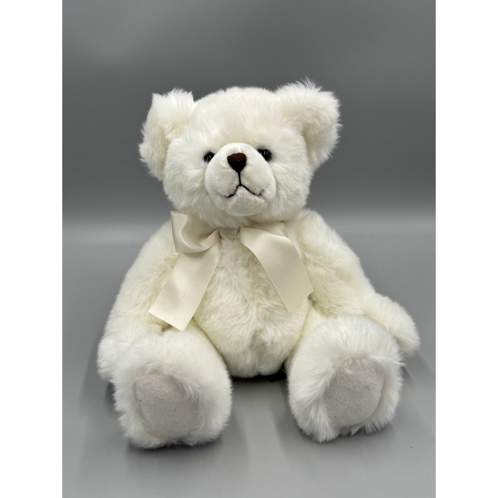 Bearington Collection White Plush Teddy Bear Cream Satin Bow 11" Stuffed Animal
